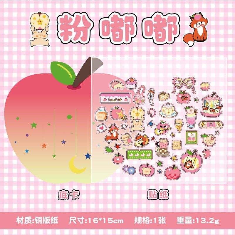 StationeryHaul cute apple shaped sticker sheets with pandas, bunnies, dogs, and foxes. Pink, red, green, yellow.