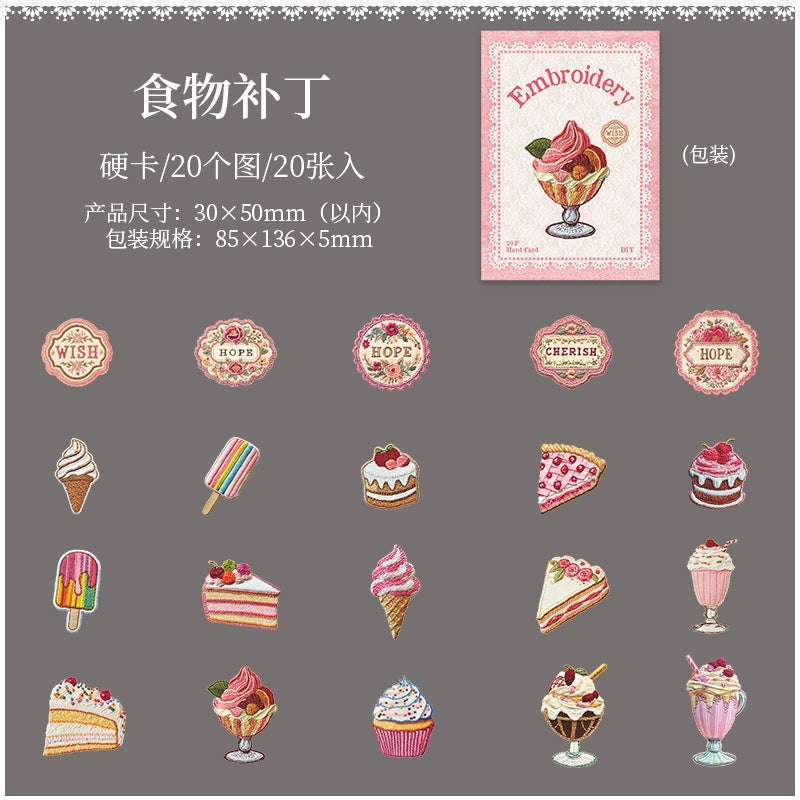 StationeryHaul decorative stickers featuring embroidered desserts like ice cream cones, popsicles, cakes, and pies, plus floral emblems with words like 'Hope' and 'Cherish'.