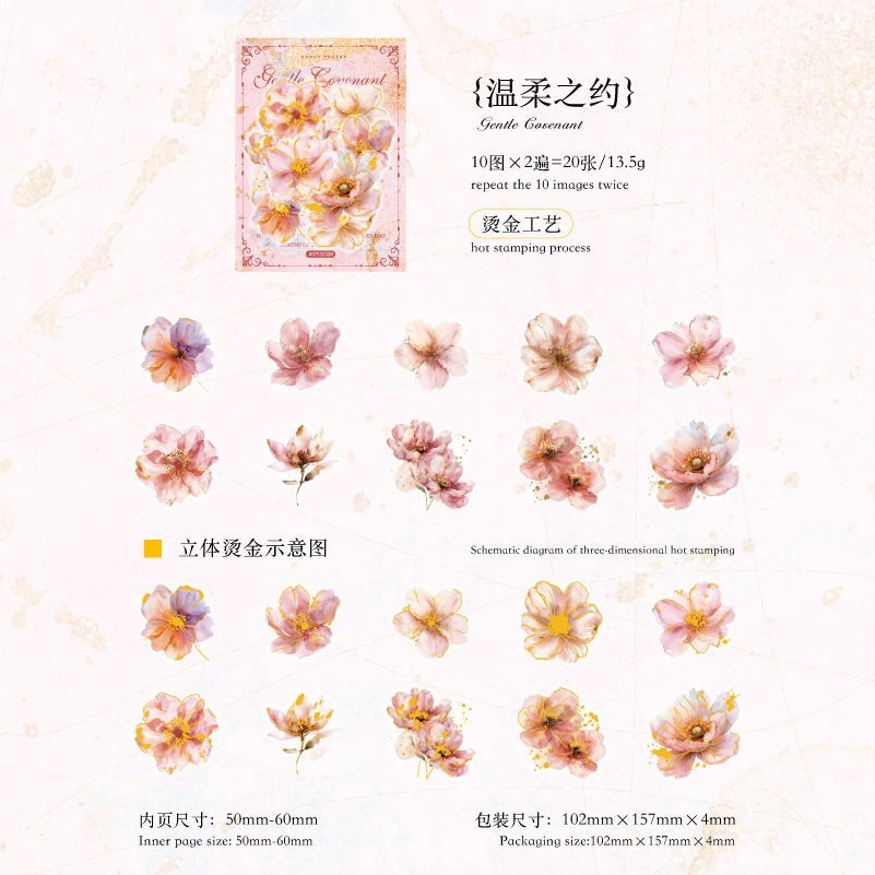 StationeryHaul floral PET stickers with gold foil accents for journaling and scrapbooking in pink and purple tones.