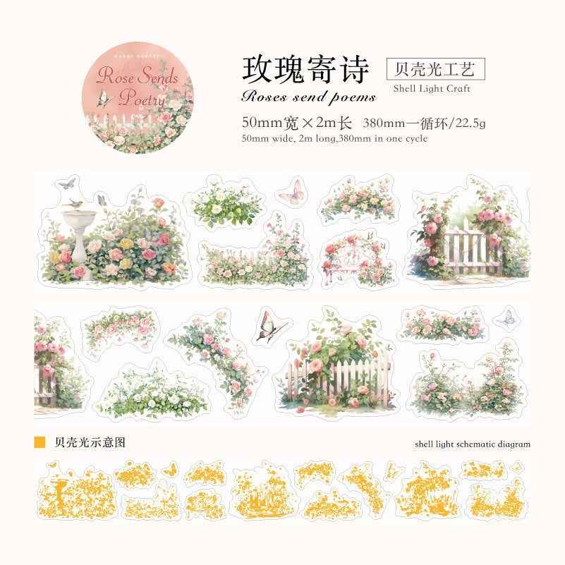 StationeryHaul Candy Poetry Floral Washi Tape Collection with roses, butterflies, and fences in pastel colors.