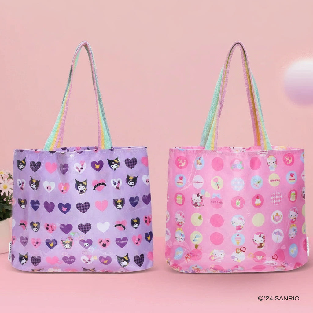 Two colorful tote bags with cartoon designs on a pink background, featuring the Sanrio brand.
