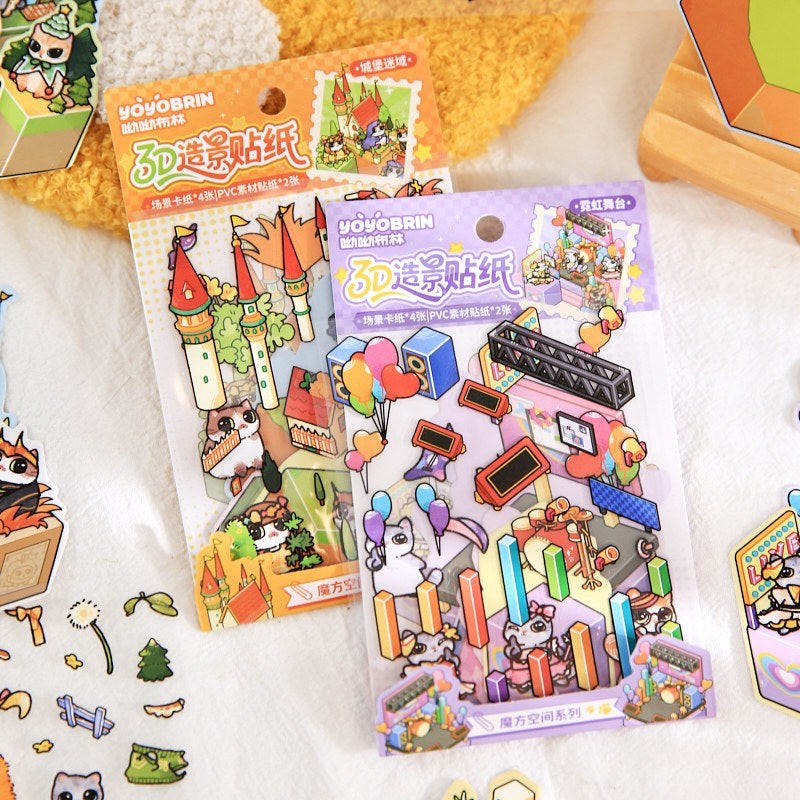 StationeryHaul 3D scene sticker packs with cute characters, castles, balloons, and musical elements. PVC material.