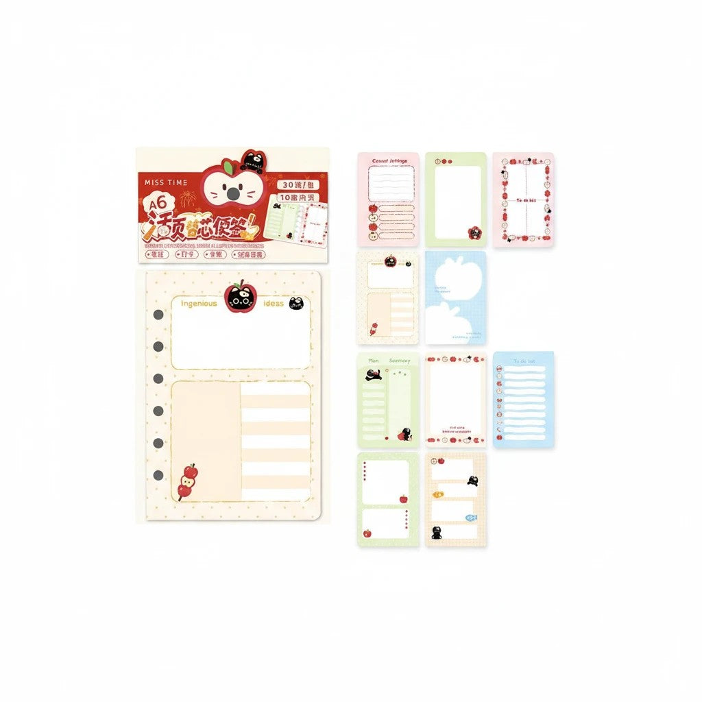 StationeryHaul A6 loose leaf planner refill paper sheets with cute apple-themed designs and varied grid layouts.