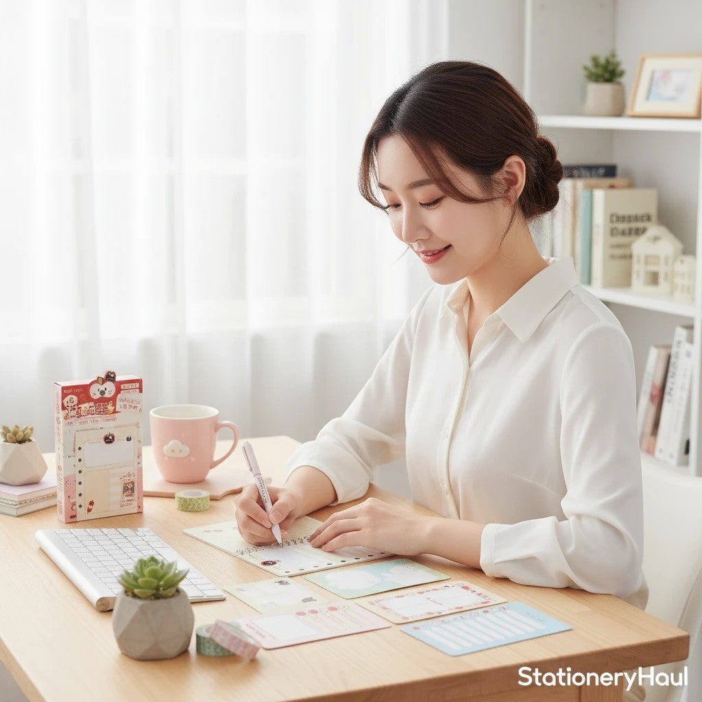 StationeryHaul A6 loose leaf planner refill sheets with apple-themed designs being used by a woman at a desk.