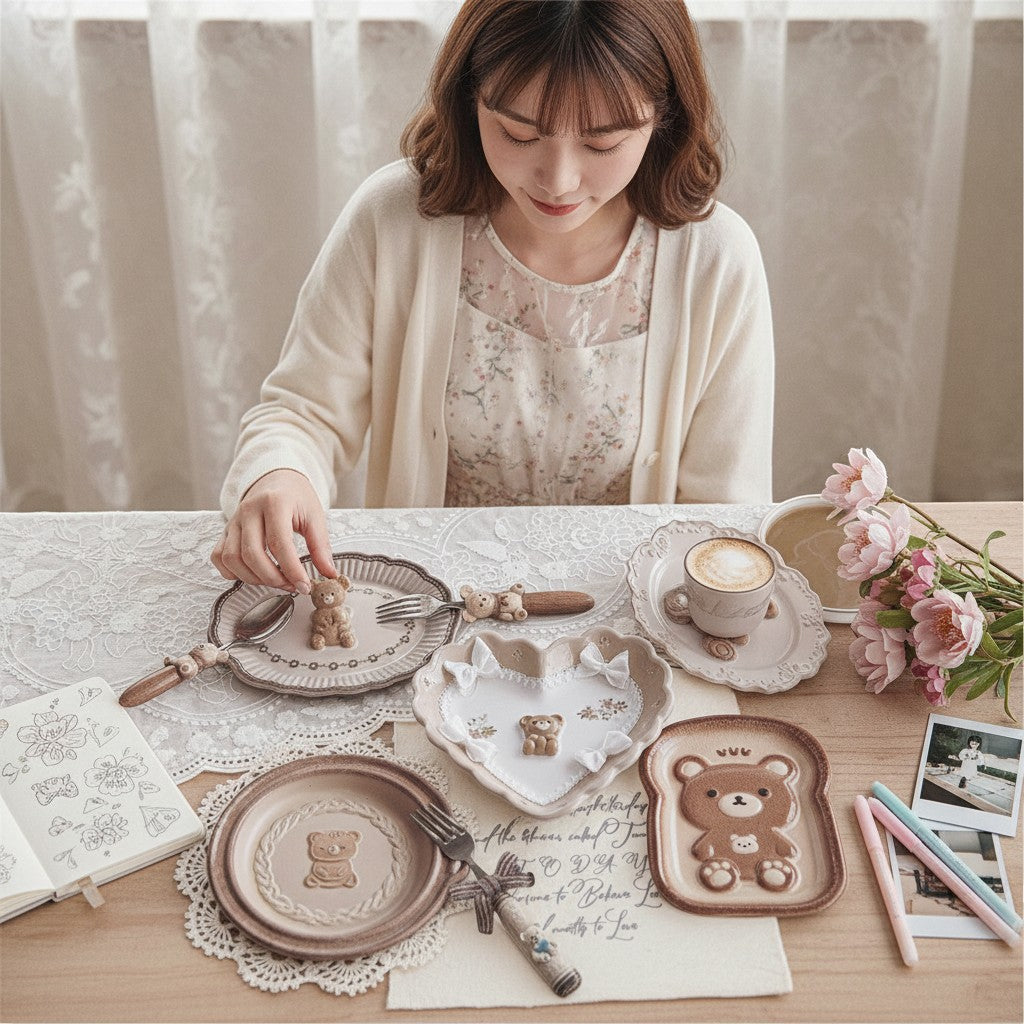 StationeryHaul Amber Bear Diary decorative plates and cutlery set with teddy bear motifs. Includes heart and toast shaped plates.