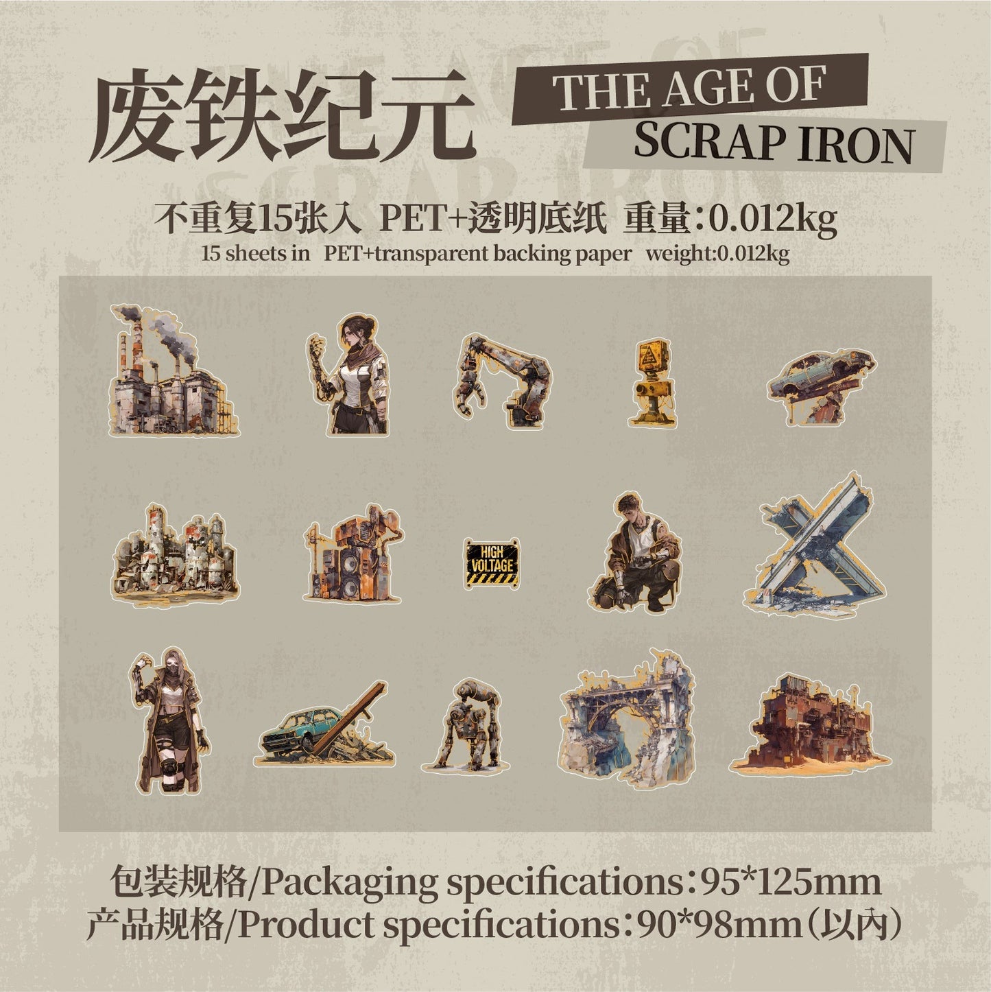 StationeryHaul Apocalyptic Wasteland Character Sticker Pack featuring robots, survivors, and industrial scenes.