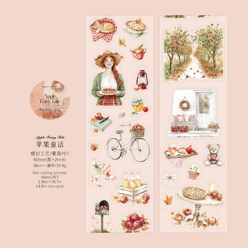 StationeryHaul Apple Fairy Tale PET die-cutting tape featuring retro illustrations of apples, a girl, and autumn scenes.