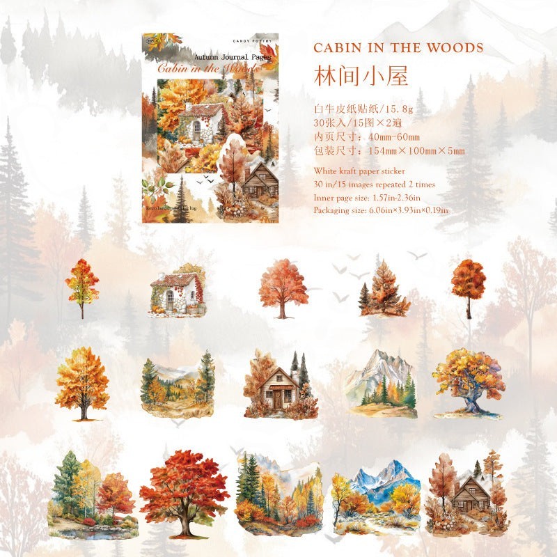 StationeryHaul Autumn Forest Fairy and Woodland Creature sticker collection featuring cabins, trees, and mountains in warm fall colors.