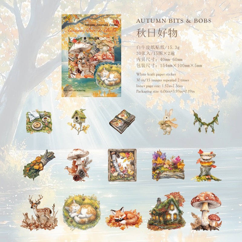 StationeryHaul Autumn Forest Fairy and Woodland Creature sticker collection with foxes, deer, cats, mushrooms, and houses.