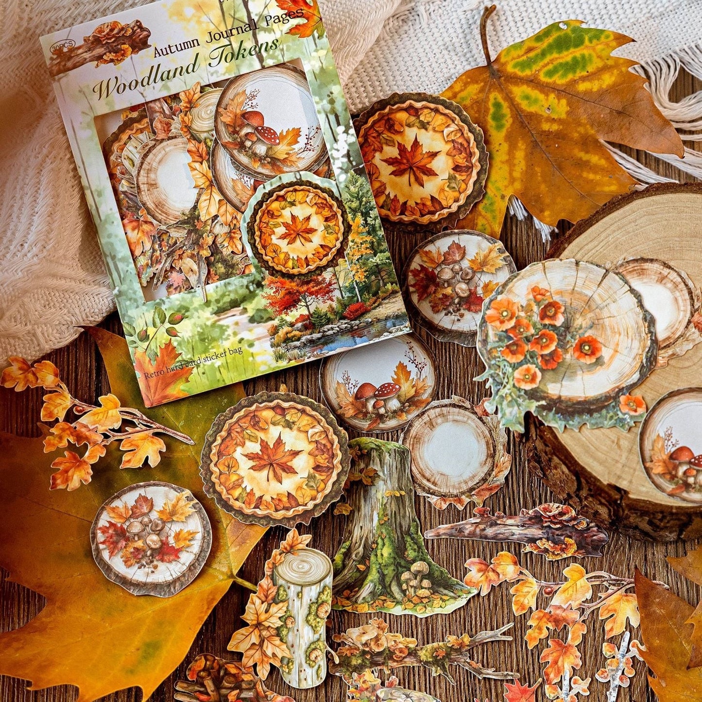 StationeryHaul Autumn Forest Fairy and Woodland Creature sticker collection features round stickers with maple leaves, mushrooms, and tree rings.