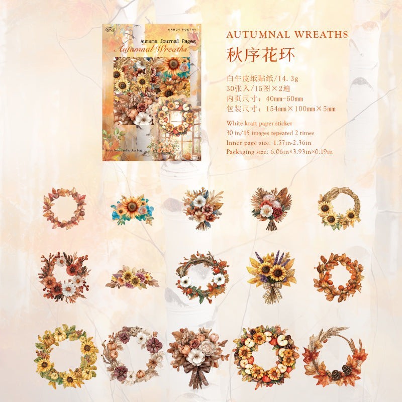 StationeryHaul Autumn Journal Pages Autumnal Wreaths stickers featuring sunflowers, pumpkins, leaves, and floral bouquets in warm fall colors.