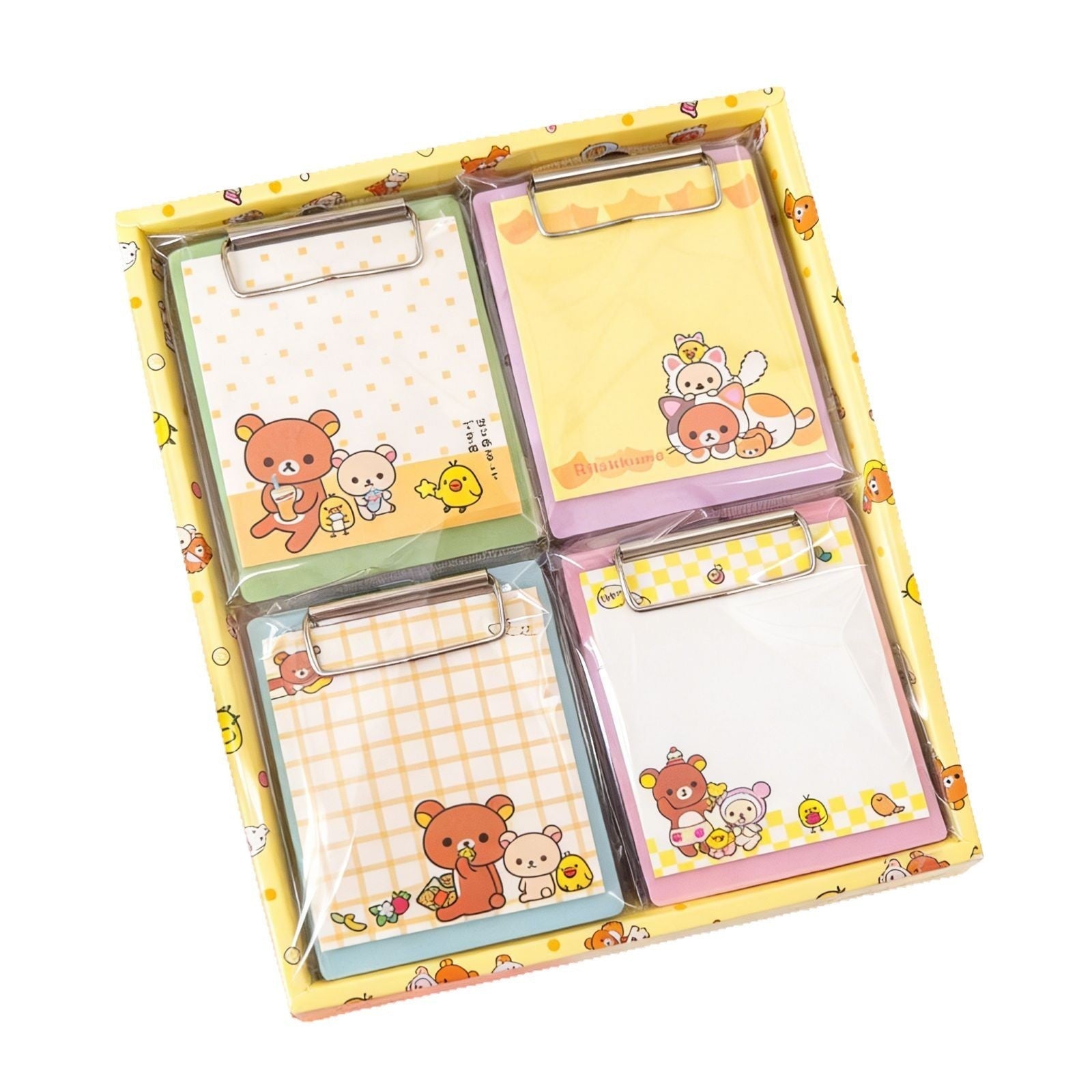 StationeryHaul set of four cute bear-themed memo pads with clipboards and colorful patterned paper pages.