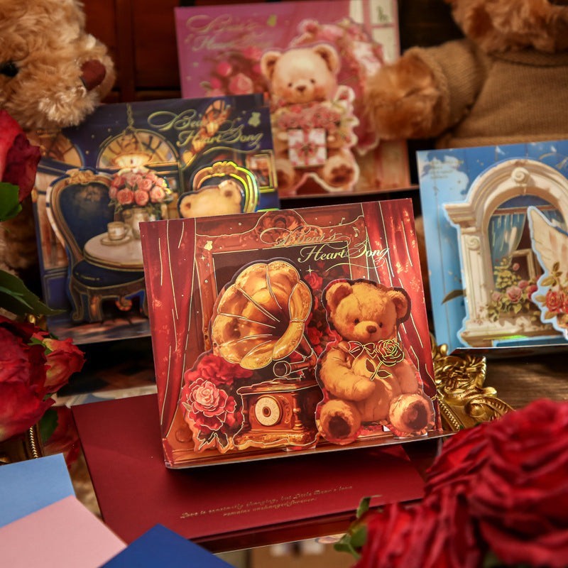 StationeryHaul Bear's Heart Song pop-up cards feature teddy bears with gramophone, roses, and vintage settings. Paper.