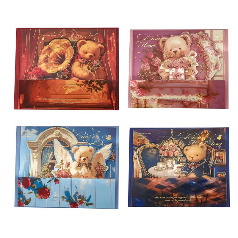 StationeryHaul Bear's Heart Song pop-up card collection featuring teddy bears with gramophone, roses, wings, and tea set. Paper cards.