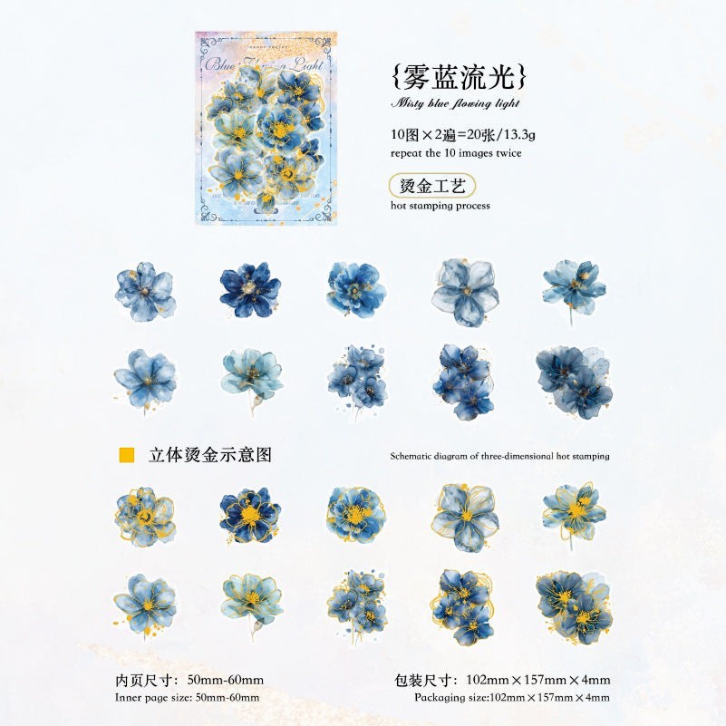 StationeryHaul blue floral PET stickers with gold foil stamping for journal decoration and scrapbooking