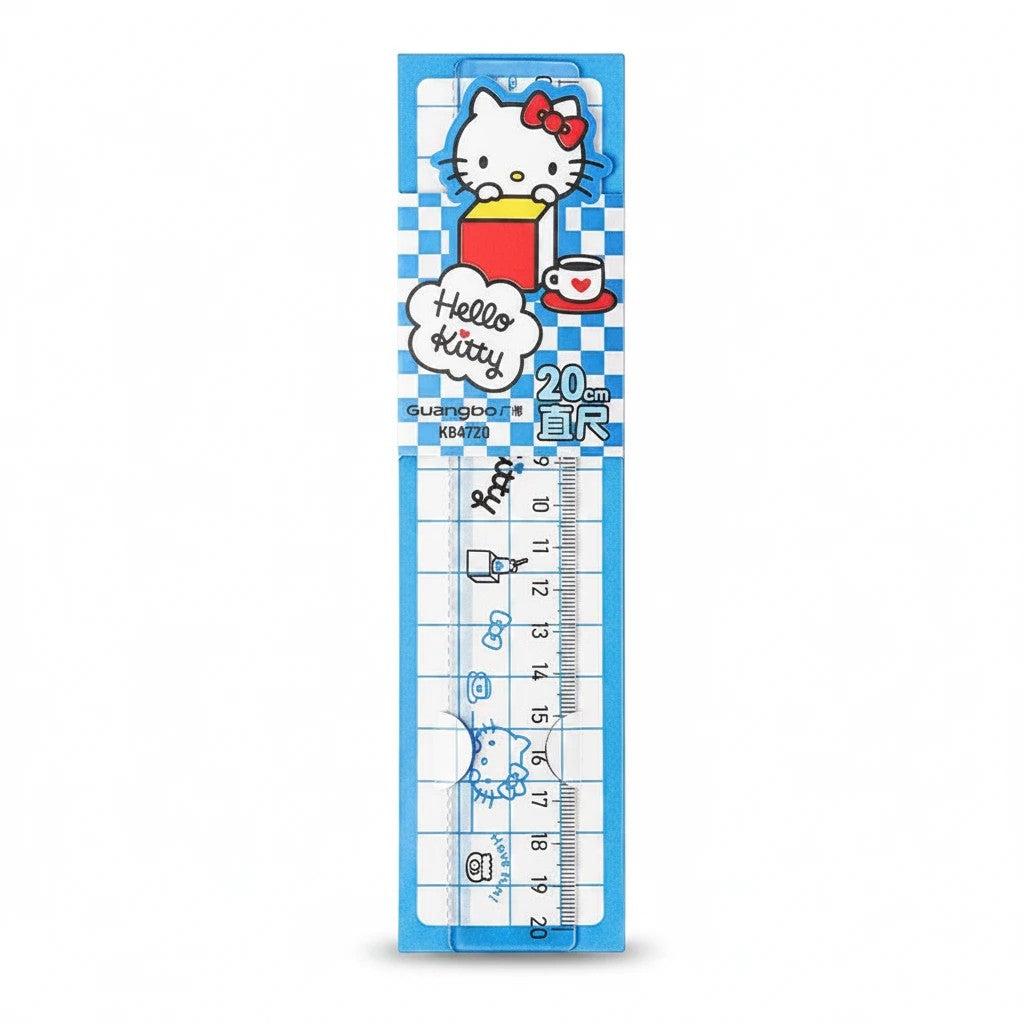 StationeryHaul 20cm blue transparent plastic Hello Kitty ruler with checkered pattern and cute character graphics.