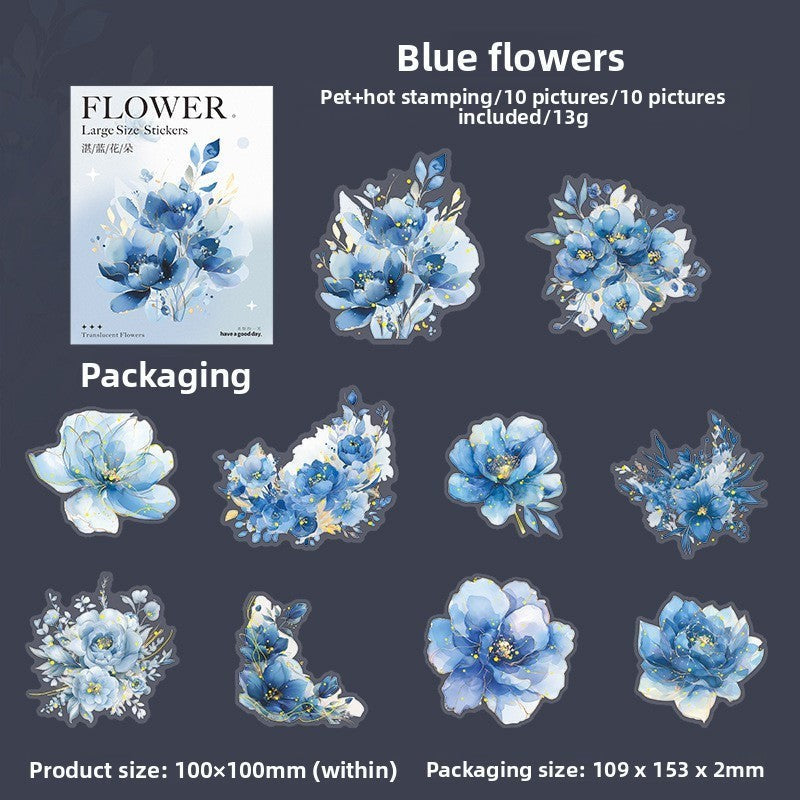 StationeryHaul blue watercolor floral stickers with gold foil accents for journaling and crafts.