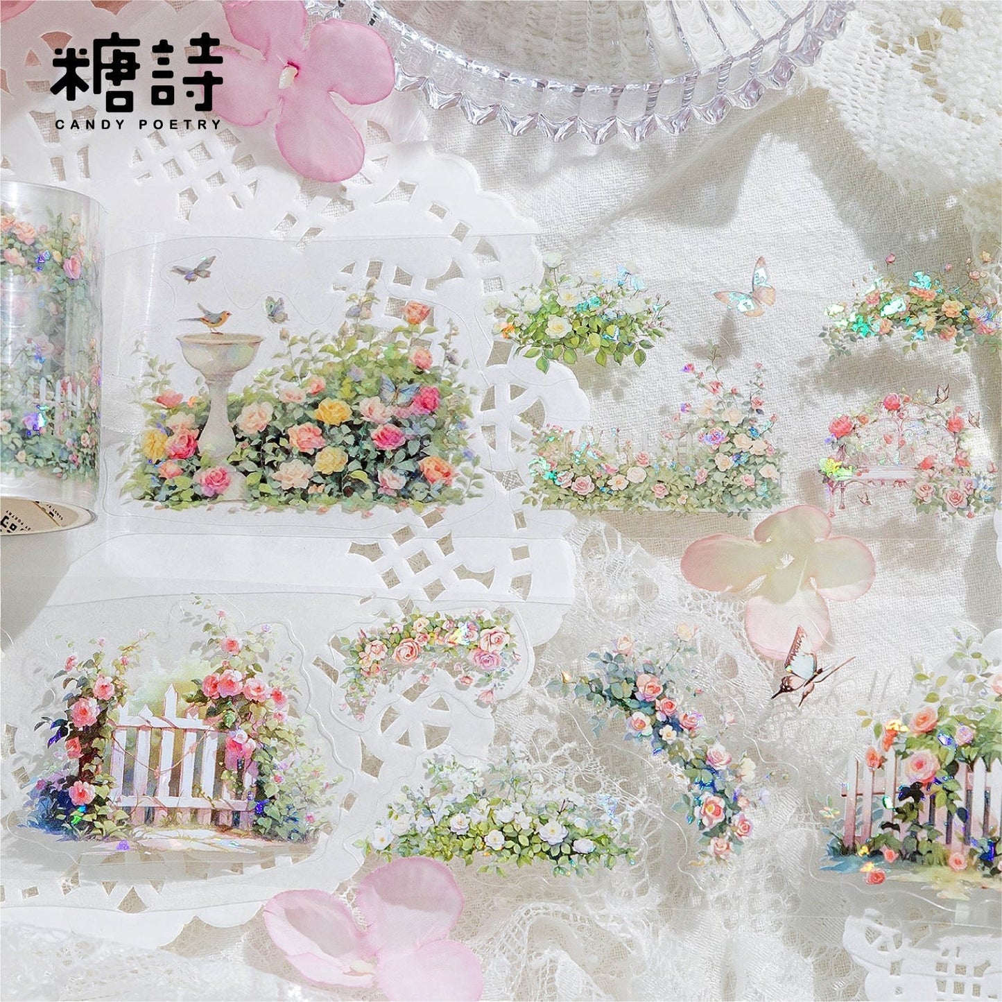 StationeryHaul Candy Poetry floral washi tape with roses, butterflies, and garden scenes. Delicate and artistic designs.