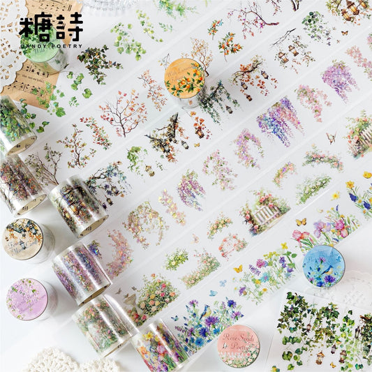 StationeryHaul Candy Poetry floral washi tape collection with delicate botanical designs, butterflies, and lanterns.