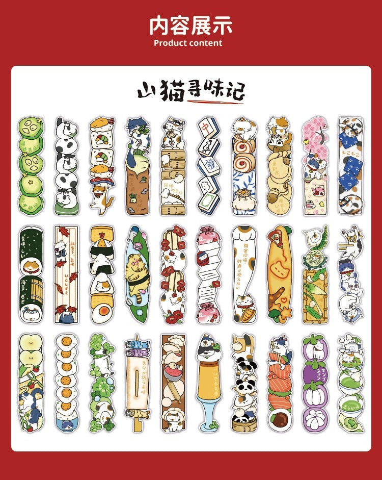 StationeryHaul decorative stickers featuring cats and food like sushi, eggs, and fruit. Paper material.