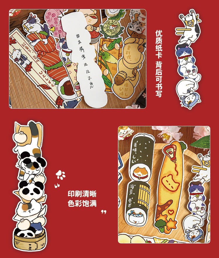 StationeryHaul paper stickers featuring cute cats and food like sushi, omurice, and pandas. Perfect for journaling.