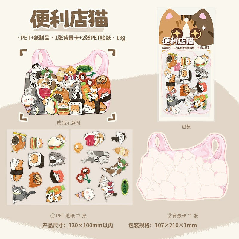 StationeryHaul cute cat themed decorative stickers, waterproof PET material, assorted designs including cats in sushi and food.
