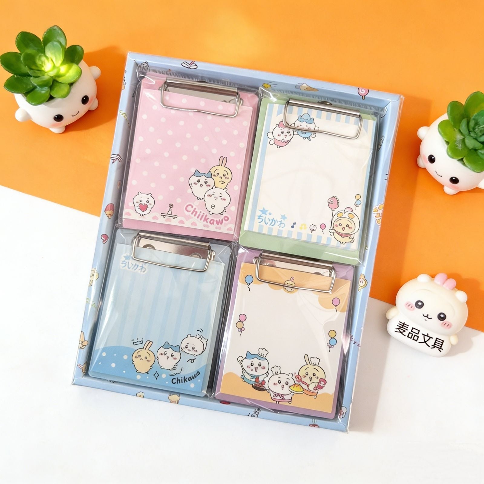StationeryHaul cute Chiikawa bear splint memo book set with four colorful patterned clipboards for students