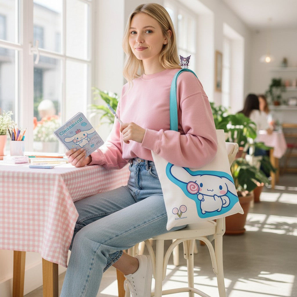 StationeryHaul white canvas tote bag with a large Cinnamoroll graphic and blue straps, held by a young woman in a pink sweatshirt.