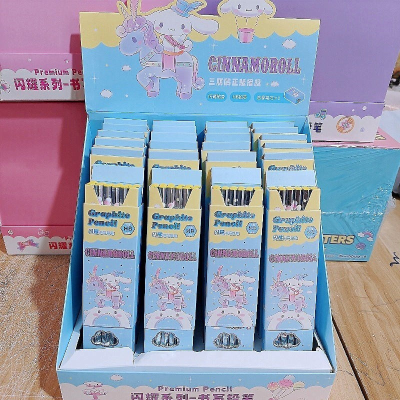 StationeryHaul Sanrio Cinnamoroll HB graphite pencils in a blue display box with pearlescent character illustrations