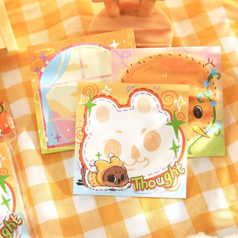 StationeryHaul cute animal sticky notes featuring a bear, bunny, and bird with whimsical designs and pastel colors.