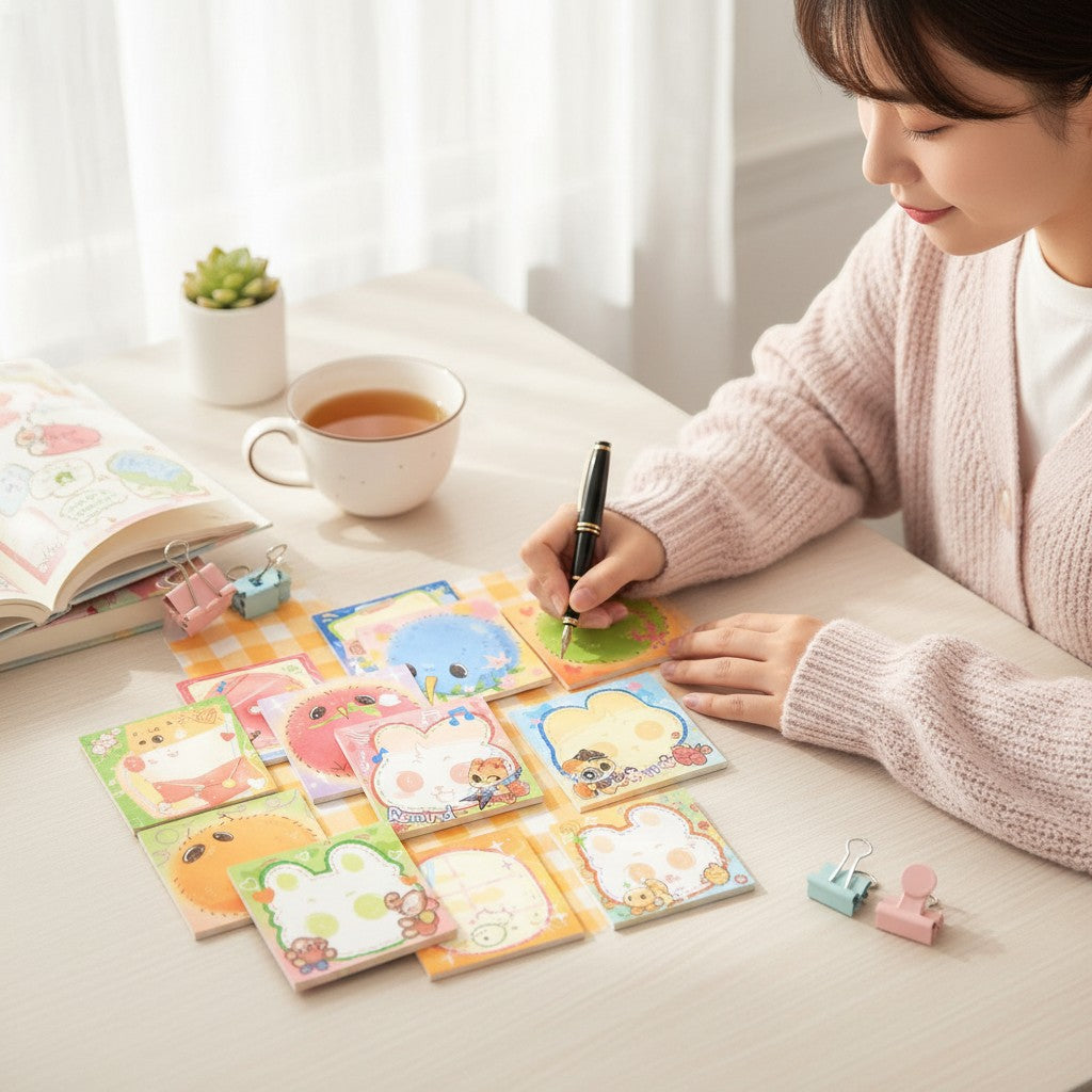 StationeryHaul cute animal sticky notes collection with birds, bunnies, and bears. A woman writes on one note.