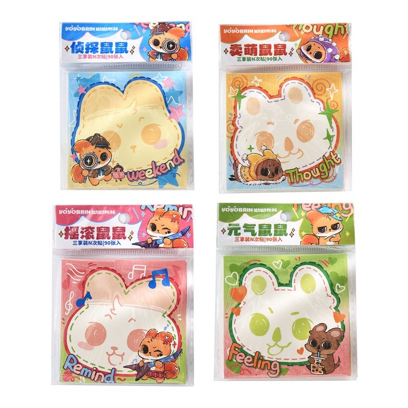 StationeryHaul cute animal sticky notes collection featuring bunnies, bears, and birds in pastel colors with words like "weekend" and "feeling".