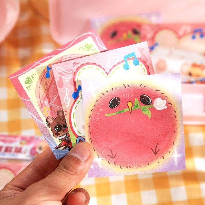 StationeryHaul cute pink bird with rose sticky note, featuring musical notes and a teddy bear design.