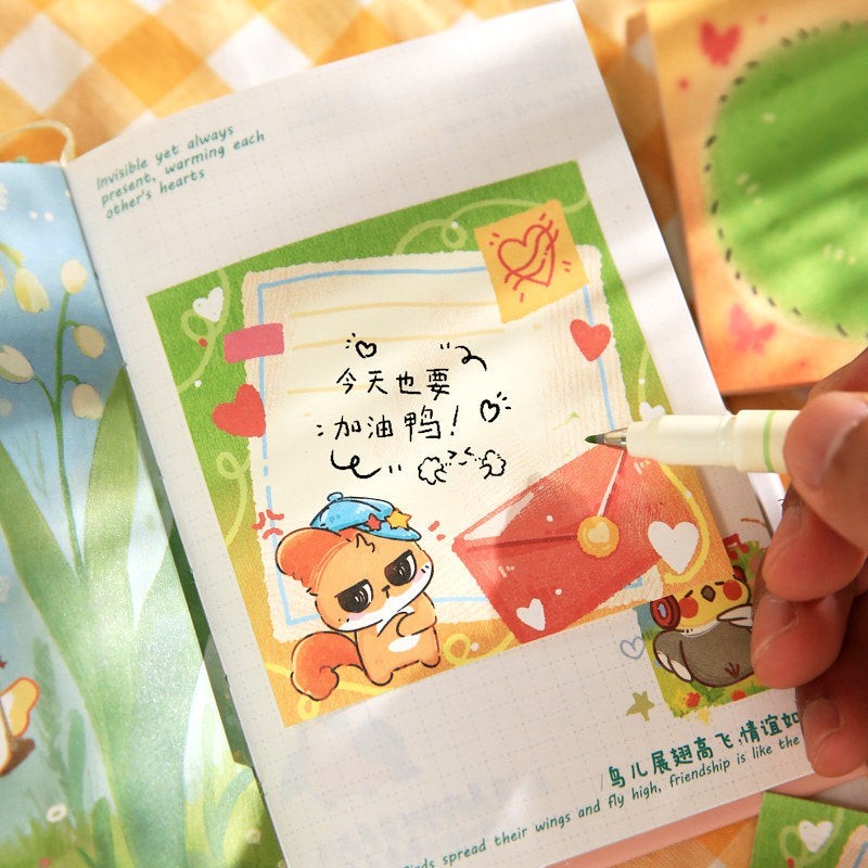 StationeryHaul cute animal sticky notes featuring a squirrel in a blue hat and a bird, with handwritten Japanese text and red hearts.