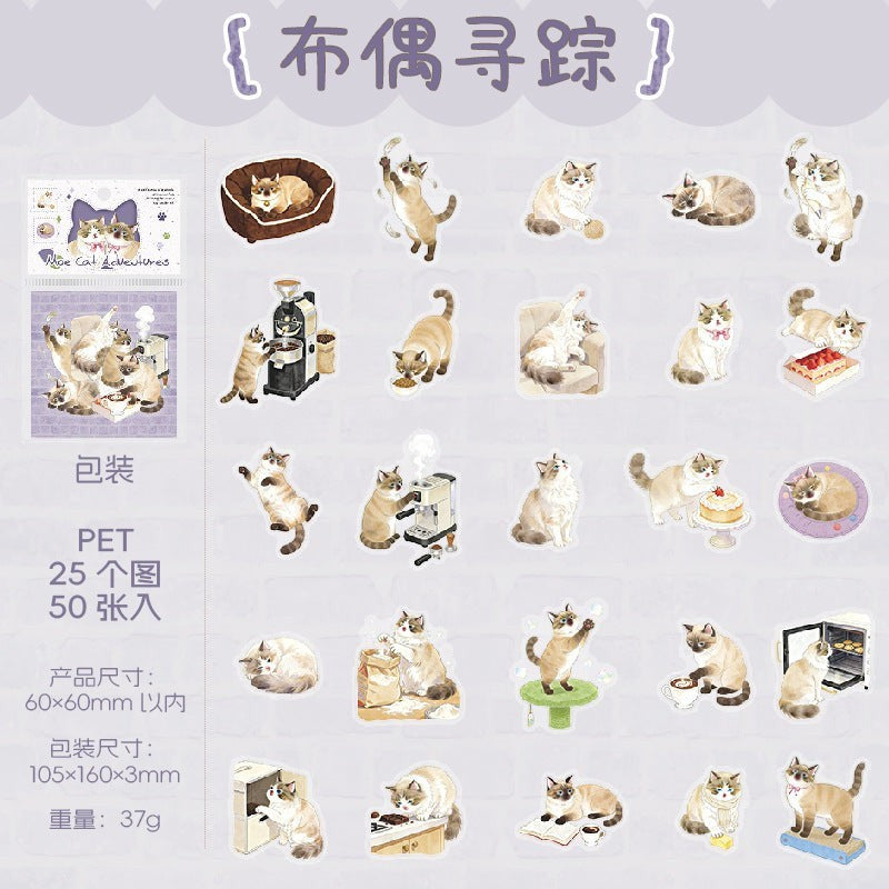 StationeryHaul cute cat stickers for journaling and crafting, featuring various cat breeds in playful scenarios like drinking coffee and baking.
