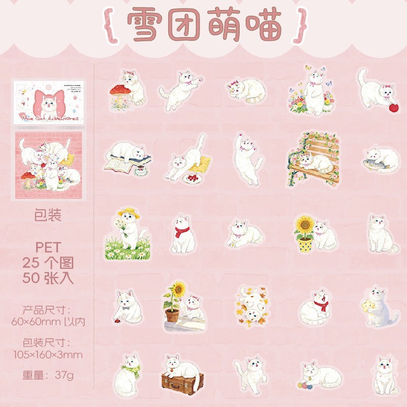 StationeryHaul cute white cat stickers with various poses and accessories, including bows, flowers, and yarn. Transparent PET material.