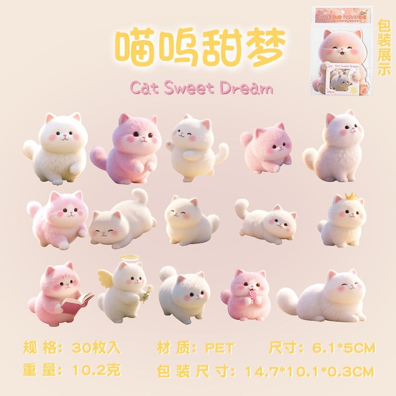 StationeryHaul cute cat stickers in pink and white, fluffy design, PET material, 30 count.