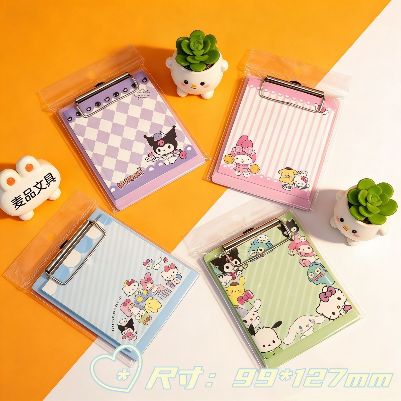StationeryHaul cute character memo notebooks with metal clips in purple, pink, blue, and green pastel designs.