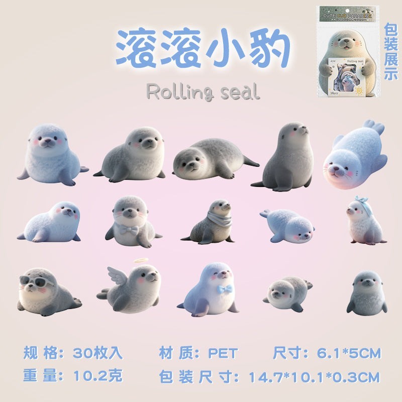 StationeryHaul cute rolling seal stickers, 30 waterproof PET stickers featuring seals in various poses and accessories like sunglasses and a halo.
