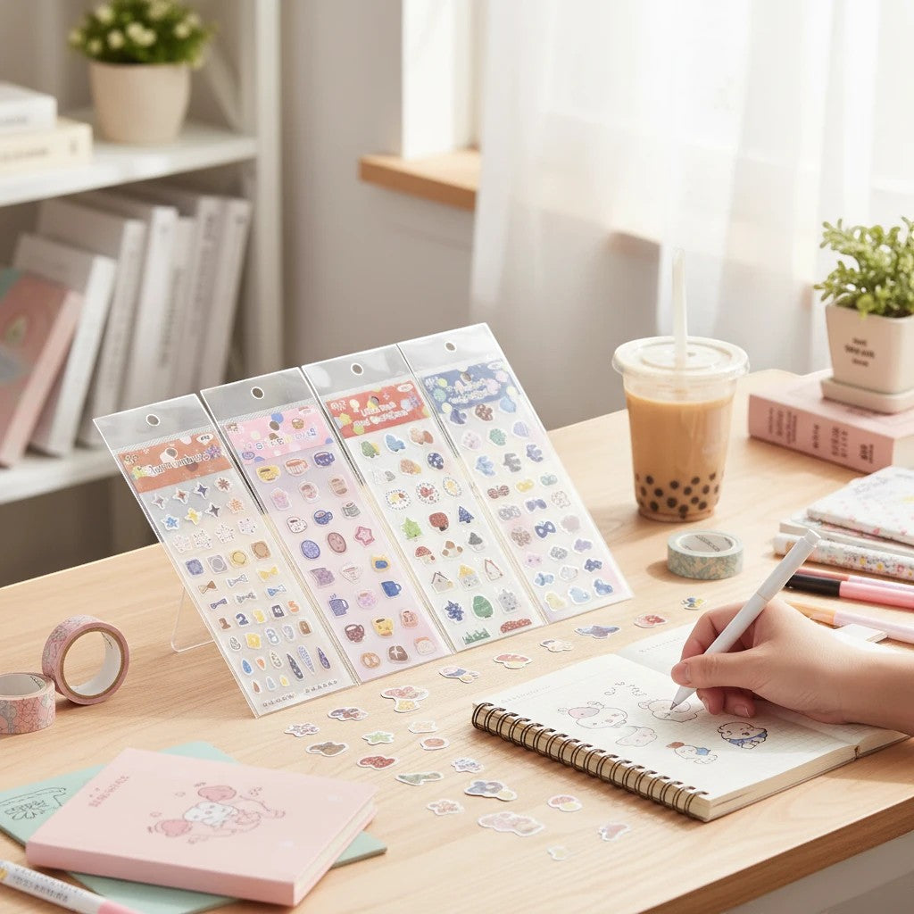 StationeryHaul decorative adhesive sticker sheets with whimsical themes on a desk with a person journaling