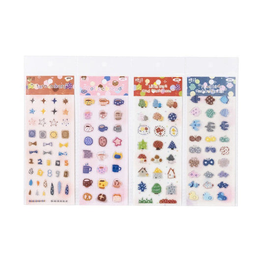 StationeryHaul decorative adhesive sticker sheets featuring coffee, bread, mushrooms, birds, and stars on clear backing.