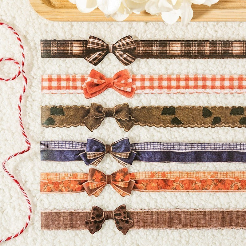 StationeryHaul decorative craft ribbons with pre-tied bows, featuring plaid, check, and floral patterns with scalloped edges.