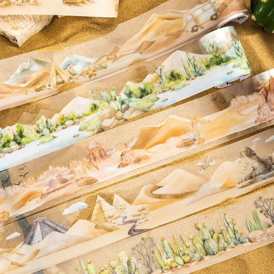 StationeryHaul Ketchup Girl PET landscaping tape featuring watercolor desert scenes with cacti, pyramids, and vans.