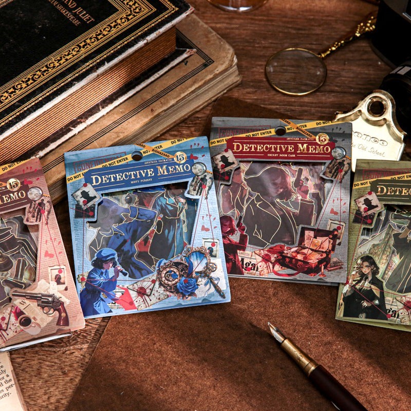 StationeryHaul Detective Memo Sticker Pack Collection with vintage detective illustrations, guns, magnifying glasses, and case files.