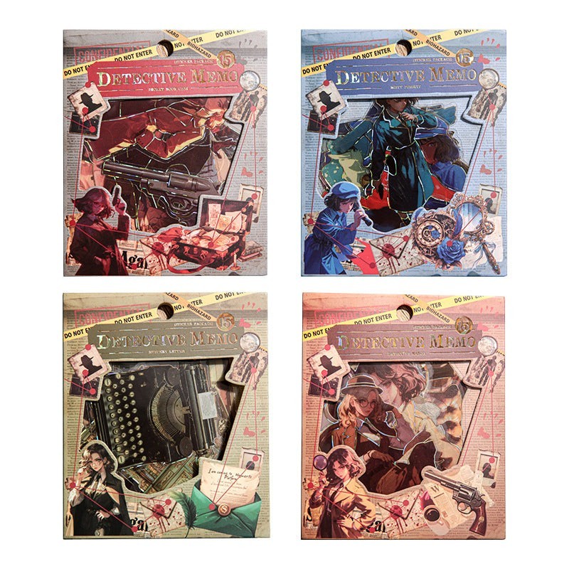 StationeryHaul Detective Memo Sticker Pack Collection with vintage detective themes, including firearms, typewriters, and shadowy figures.