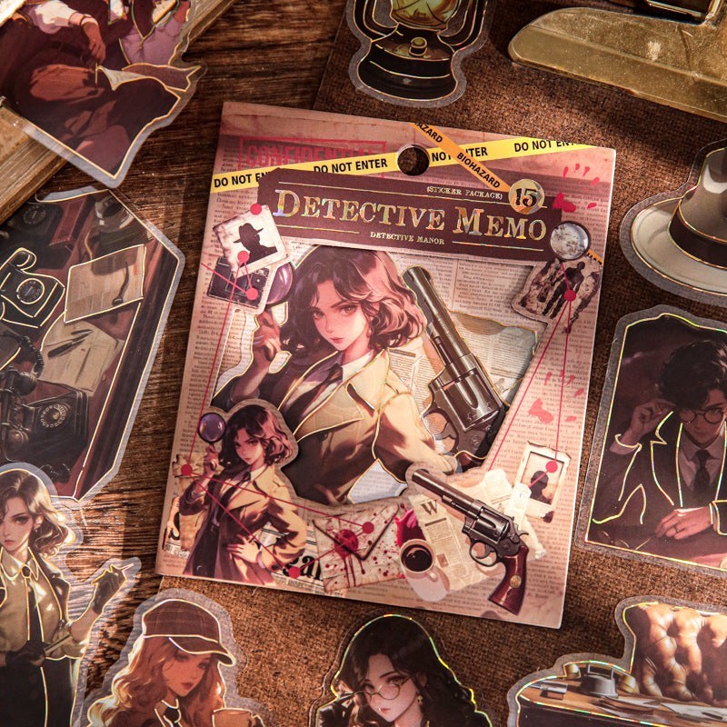 StationeryHaul Detective Memo Sticker Pack Collection with vintage detective illustrations, guns, and case file elements.