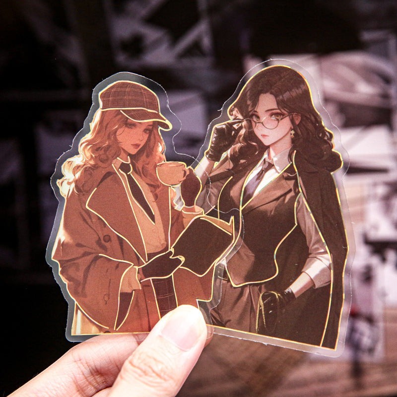 StationeryHaul Detective Memo Sticker Pack Collection features two anime-style women in vintage detective attire, one holding a teacup and book, the other adjusting glasses.