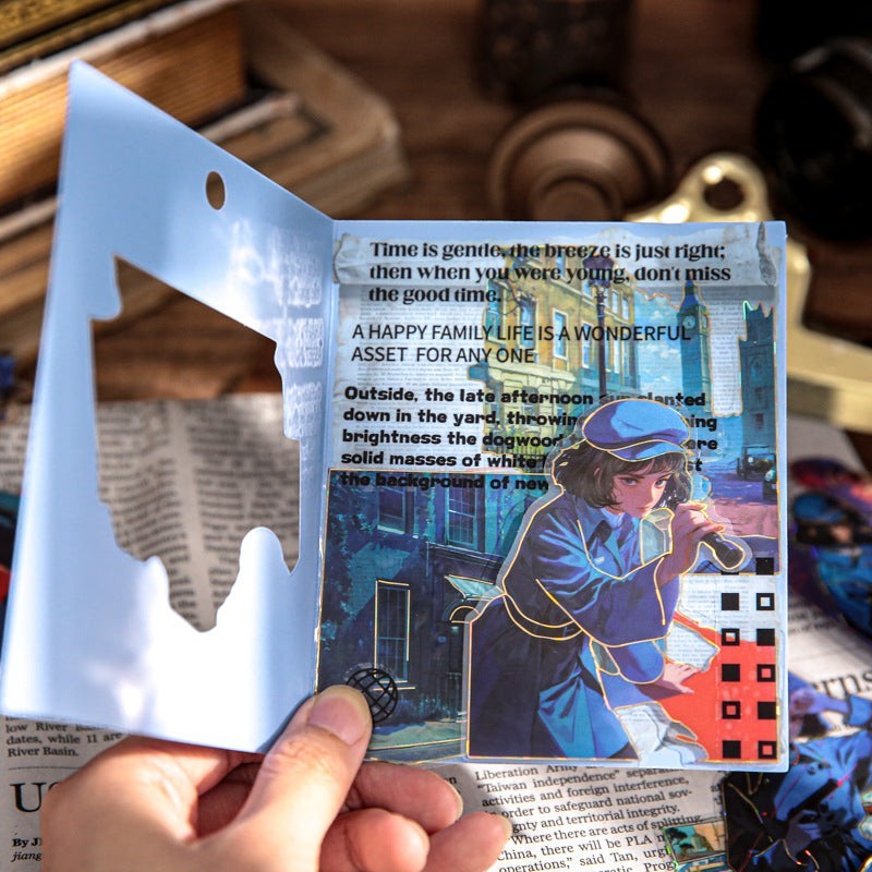 StationeryHaul Detective Memo Sticker Pack Collection features a blue-clad anime detective with a magnifying glass, vintage city background, and text elements.