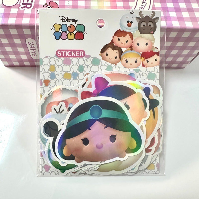 StationeryHaul Disney Tsum Tsum sticker pack featuring holographic Jasmine, Olaf, and other characters. 24 stickers.