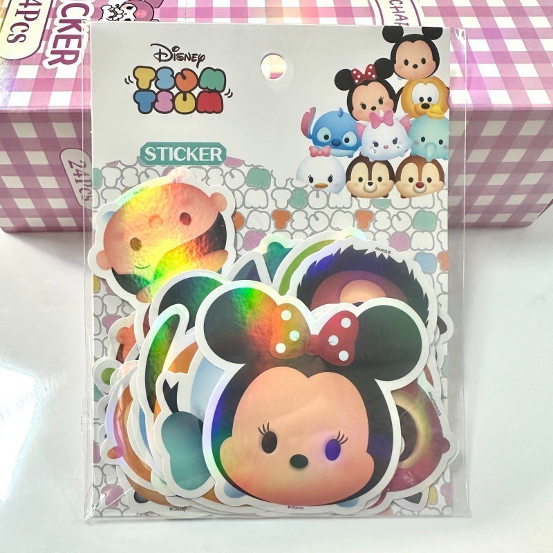 StationeryHaul Disney Tsum Tsum sticker pack featuring Mickey Mouse, Minnie Mouse, Stitch, and other characters. Holographic finish.